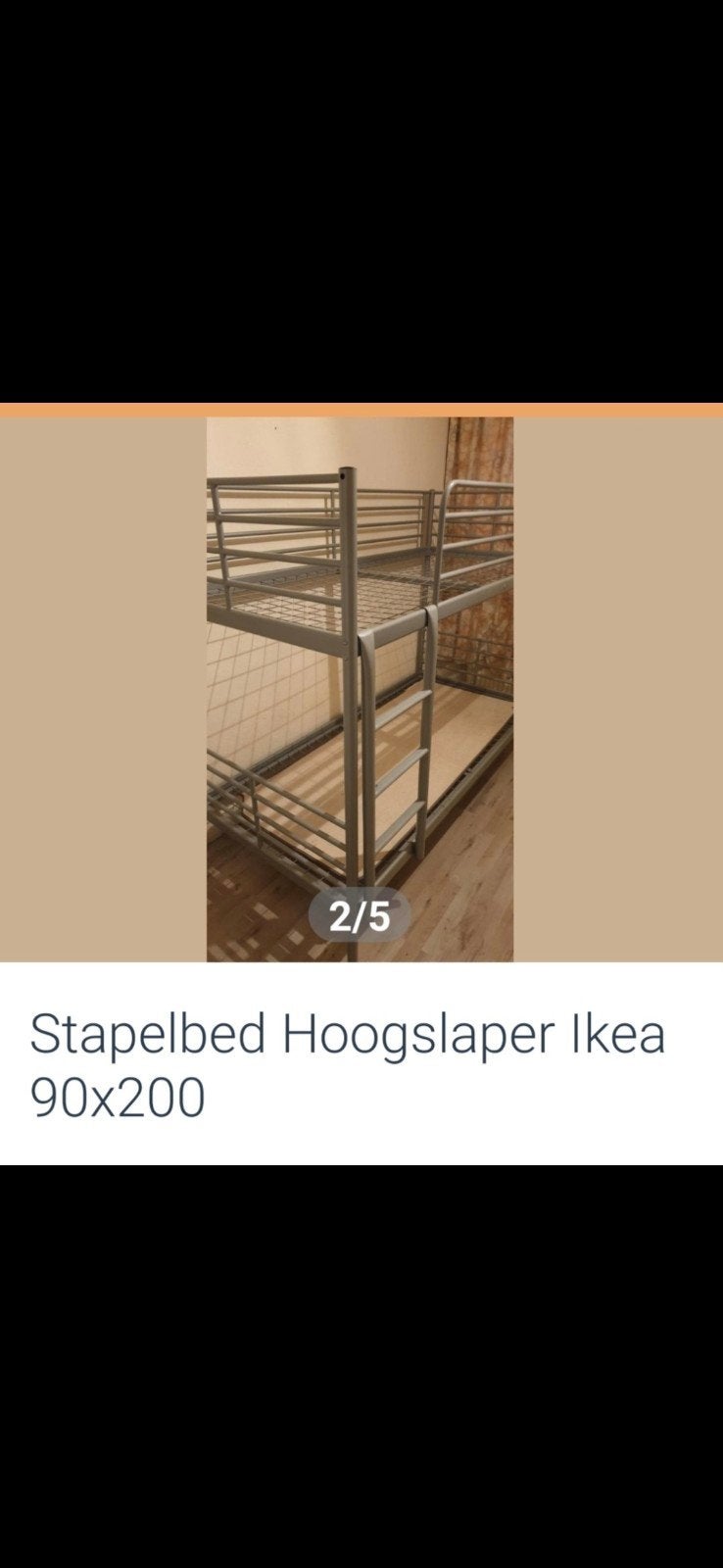 Ikea Stapelbed Hoogslaper 90x200 - Grijs Metaal, Ophalen, Gebruikt, 90 cm, Tweepersoons