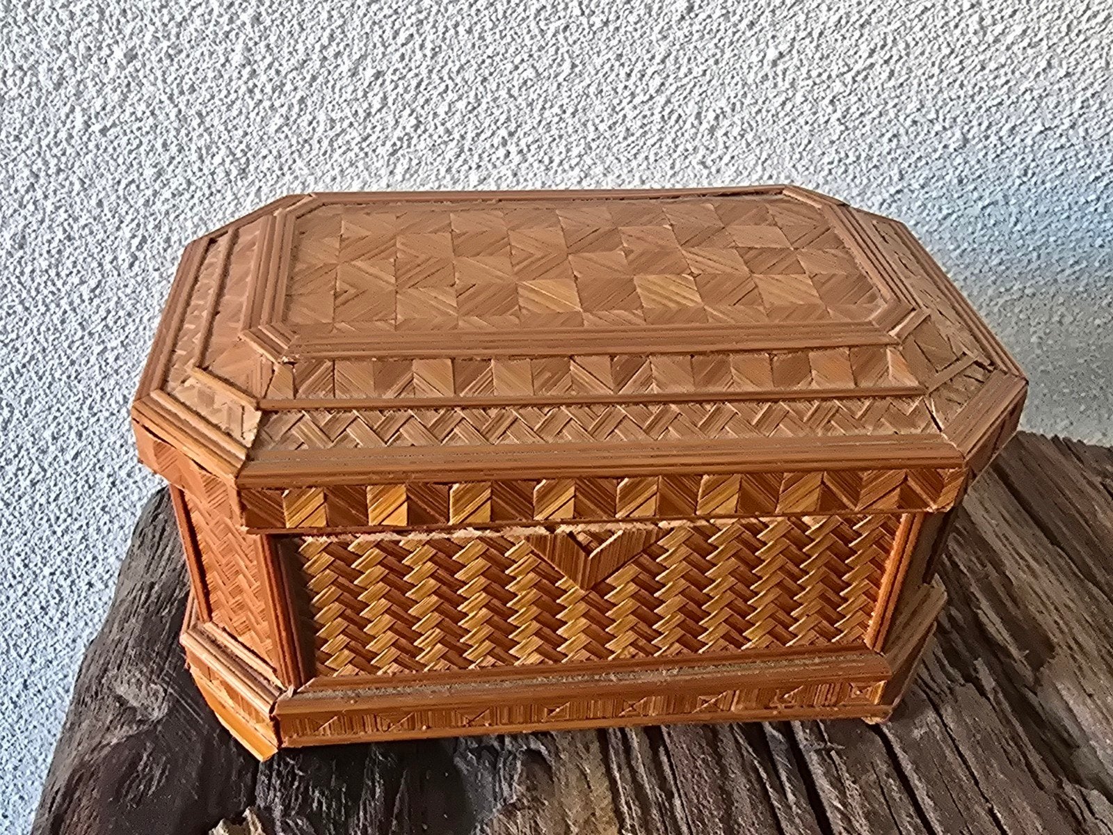 Vintage Bamboe tramp art Sieradendoosje met Rood Fluweel, Ophalen of Verzenden
