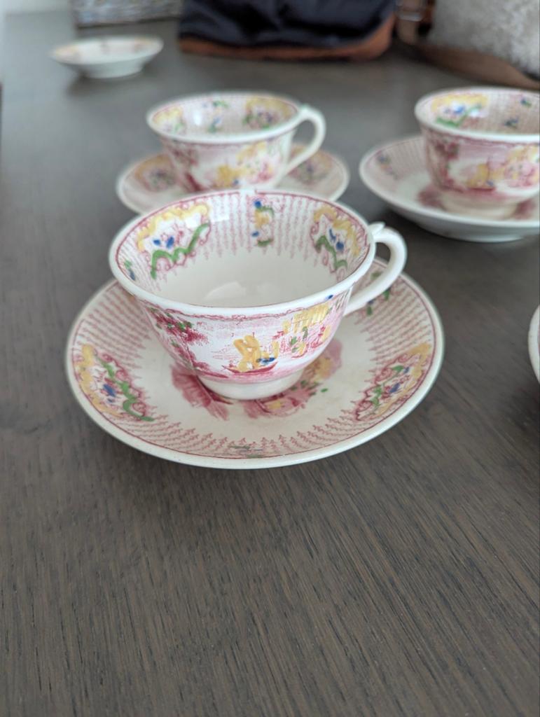 Set van 5 antieke theekopjes met schotels - Fancy, Ophalen of Verzenden