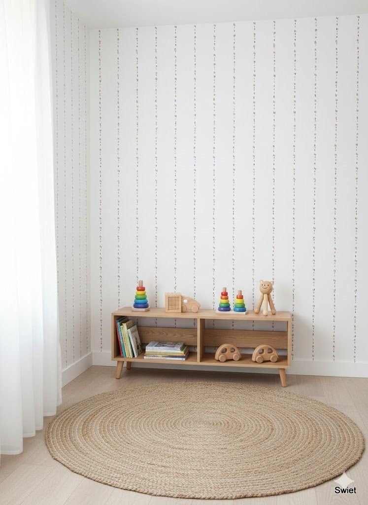 6773 Vintage behang met speelse stippenbanen kleurrijk swiet, Ophalen of Verzenden, Blauw