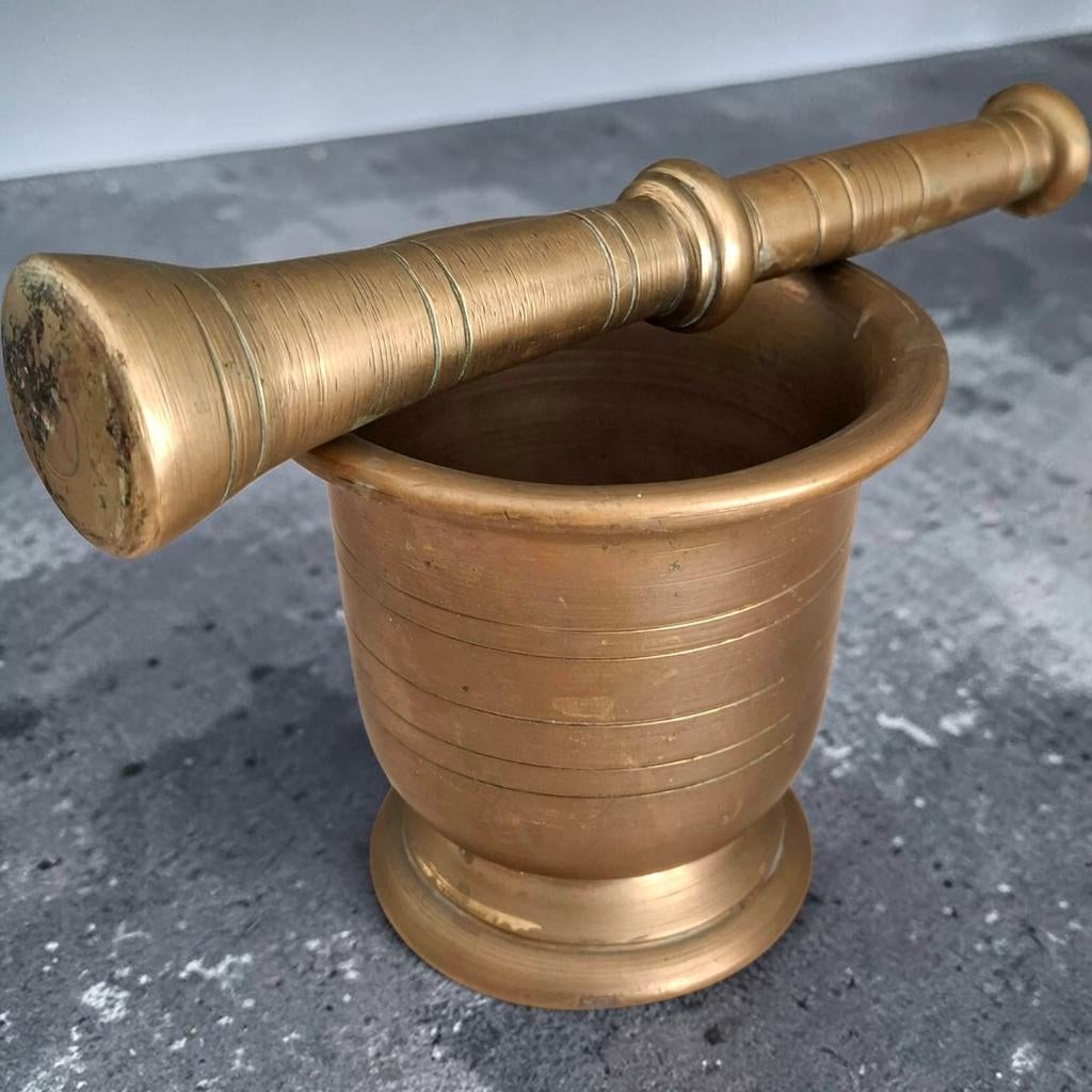 Antieke Messing Vijzel met Stamper – Massief & Zwaar 3,5 kg, Ophalen of Verzenden