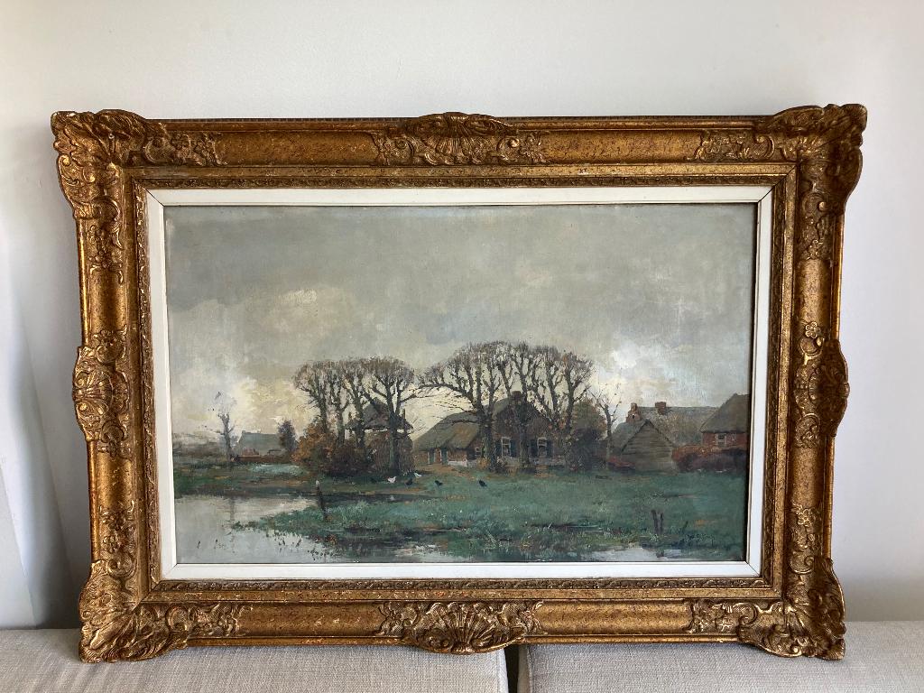 Boerderij in polder landschap W.A. Knip olieverf op doek., Antiek en Kunst, Ophalen