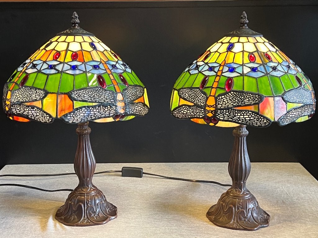 2 Tiffany Lampen Dragonfly Libelle 45cm, Ophalen, Tiffany lamp, Goud, 45 cm