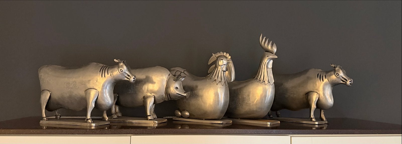 Set van 5 aluminium boerderijdieren beelden, Ophalen, Metaal, Zilver, Landelijk