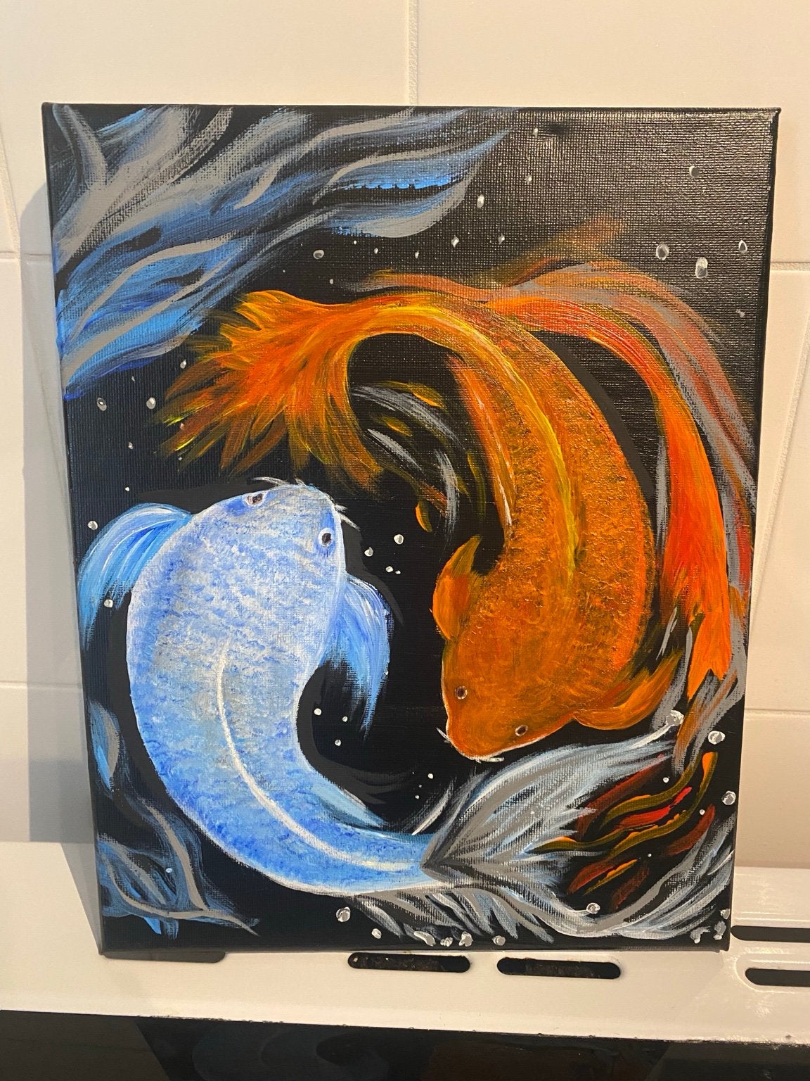 Handgeschilderd schilderij met twee koi vissen, Ophalen of Verzenden