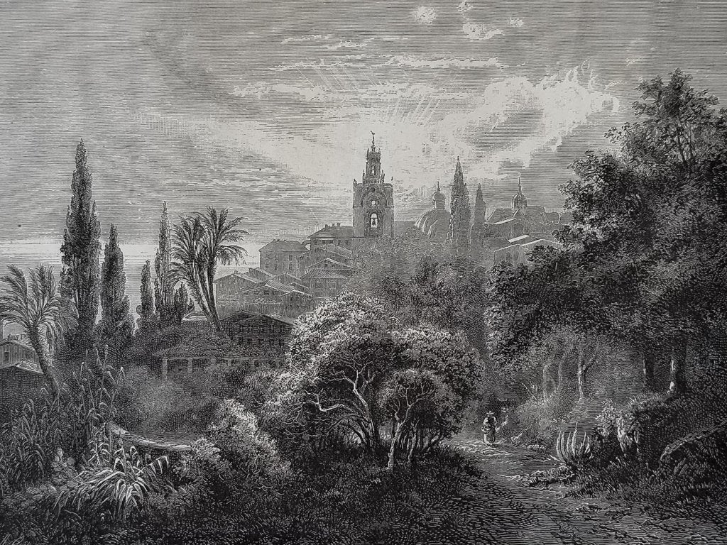 Originele houtgravure 1877 – Uitzicht op San Remo met tuinen, Verzenden, Gravure, Landschap, Blanco verso