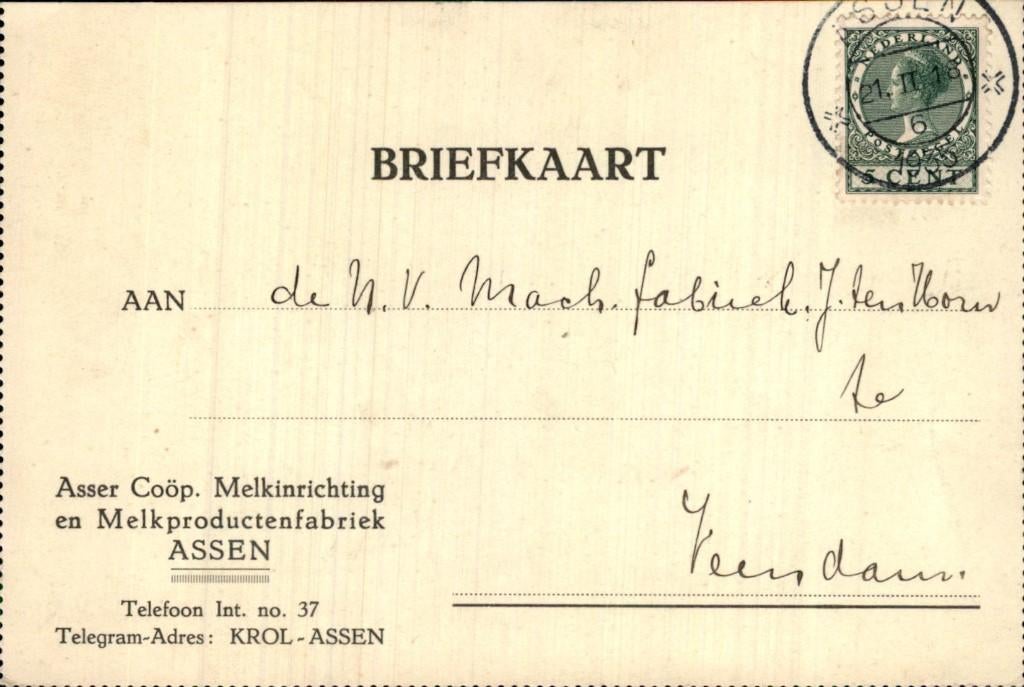 Assen - Briefkaart - Asser Coöp. Melkinrichting, Verzamelen, Ophalen of Verzenden, 1920 tot 1940, Gelopen, Drenthe