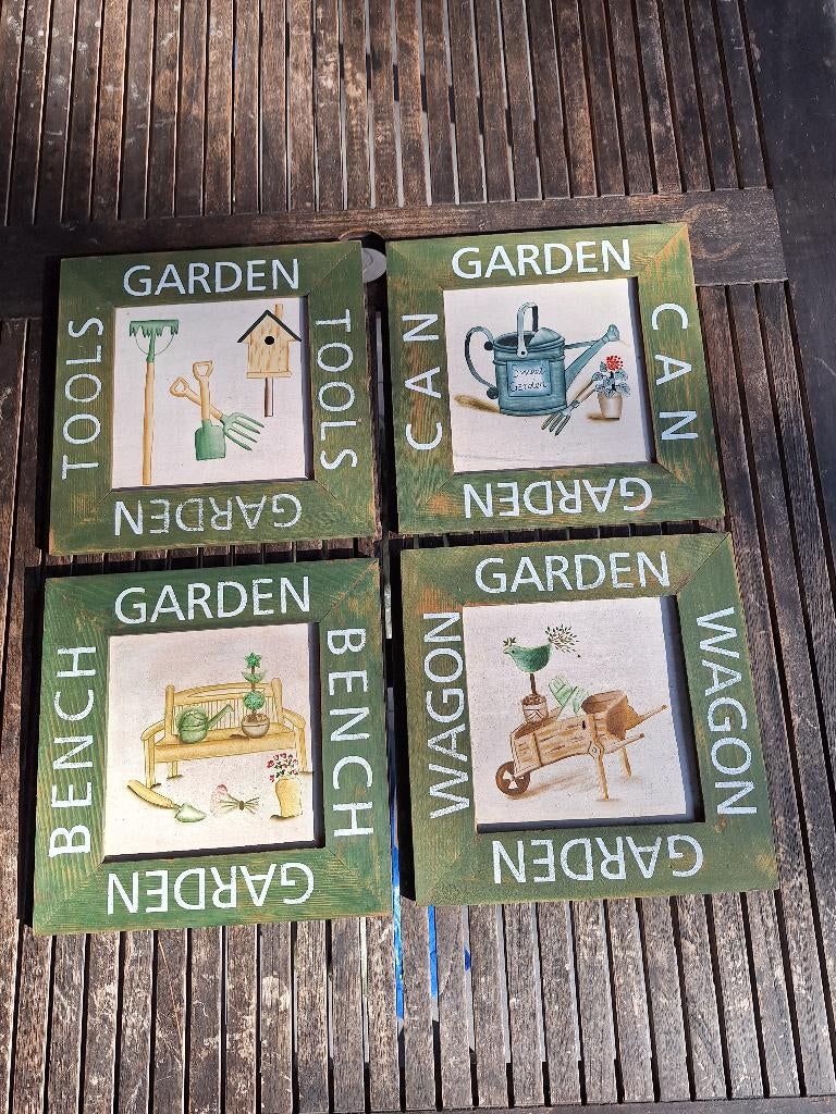 4 houten schilderijtjes, Tuin en Terras, Tuinwanddecoratie, Ophalen of Verzenden, Zo goed als nieuw