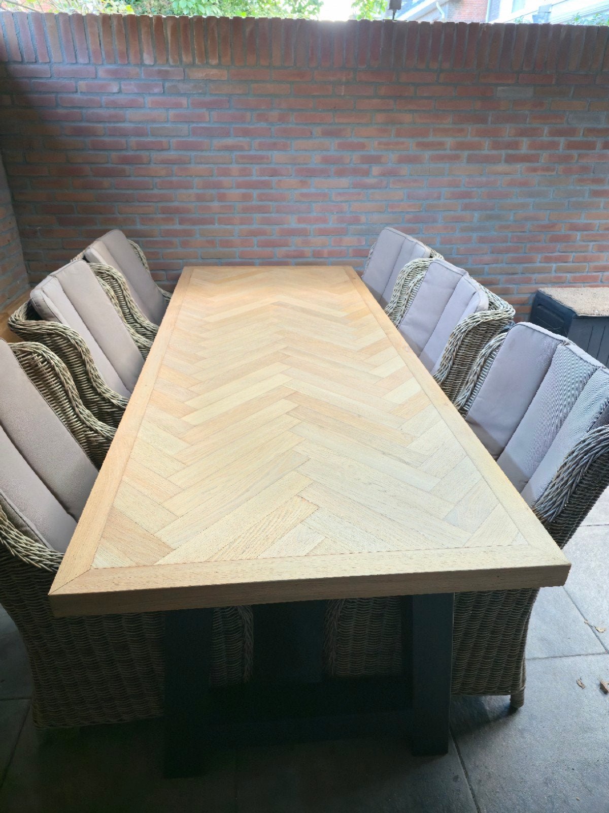 visgraat tafel met 6 stoelen  250x100 cm., Huis en Inrichting, Ophalen, Eikenhout, 200 cm of meer, 50 tot 100 cm