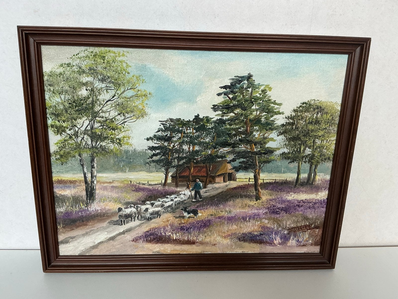 Schilderij Jopie Nellestein - Herder met schapen op de hei, Antiek en Kunst, Ophalen, Doek, Realistisch, Gesigneerd