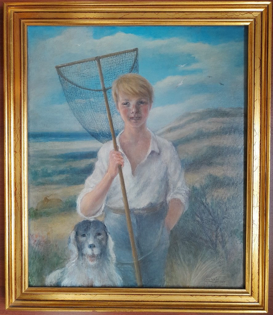 Schelpenvissertje met hond in de duinen - echt schilderij, Antiek en Kunst, Kunst | Schilderijen | Klassiek, Ophalen, Maritiem / water