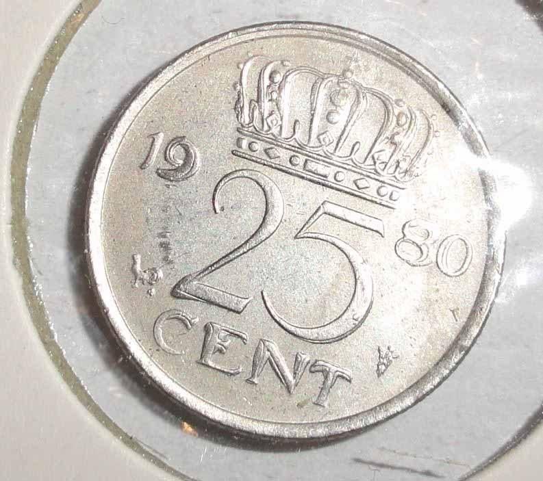 Munt misslag kwartje 1980 dubbeling, Ophalen of Verzenden, Koningin Juliana, 25 cent, Losse munt