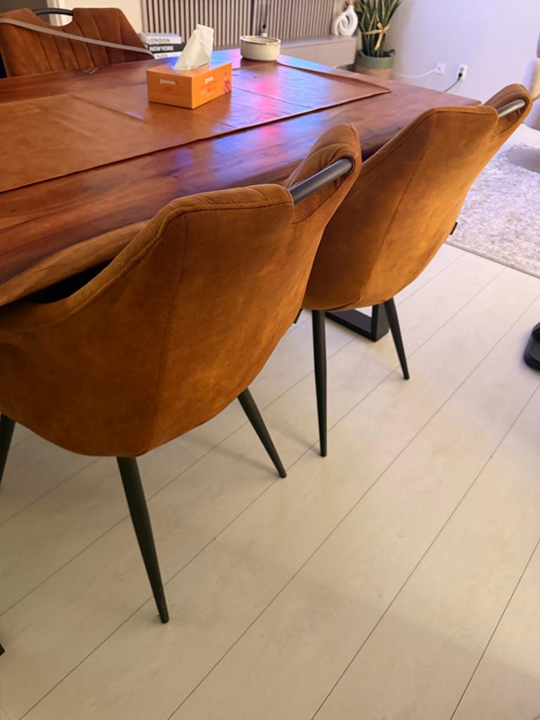 6 eetkamerstoelen, 4 mosterd bruin, 2 jade, Villa Arena, Huis en Inrichting, Stoelen, Gebruikt, Vijf, Zes of meer stoelen, Stof