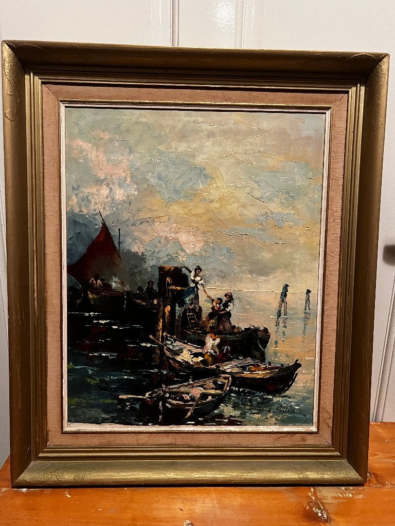 Ölieverfschilderij  "Havengezicht". Charles H.Wilton., Antiek en Kunst, Kunst | Schilderijen | Klassiek, Maritiem / water, Doek