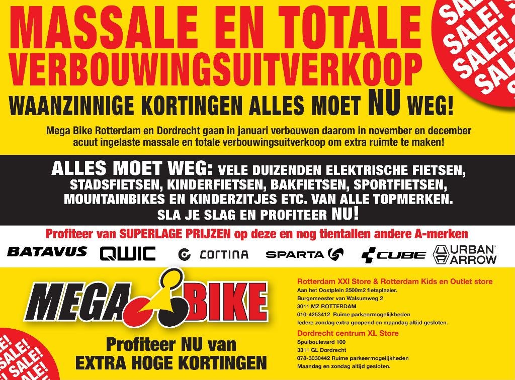 MASSALE EN TOTALE VERBOUWINGSUITVERKOOP MEGA BIKE, Fietsen en Brommers, Elektrische fietsen, Ophalen, Nieuw, Overige merken