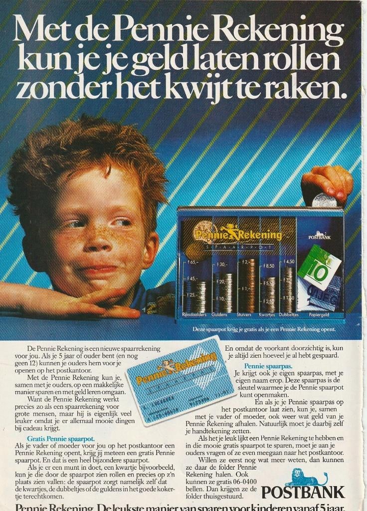 Retro reclame 1987 Postbank Pennie rekening jongetje sparen, Verzenden, Overige typen