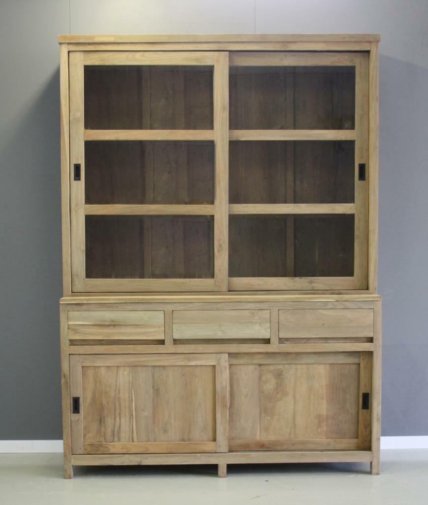 Strak afgewerkte teak kast met schuifdeuren bij indoteak!, Ophalen, Met deur(en), 200 cm of meer, Teakhout