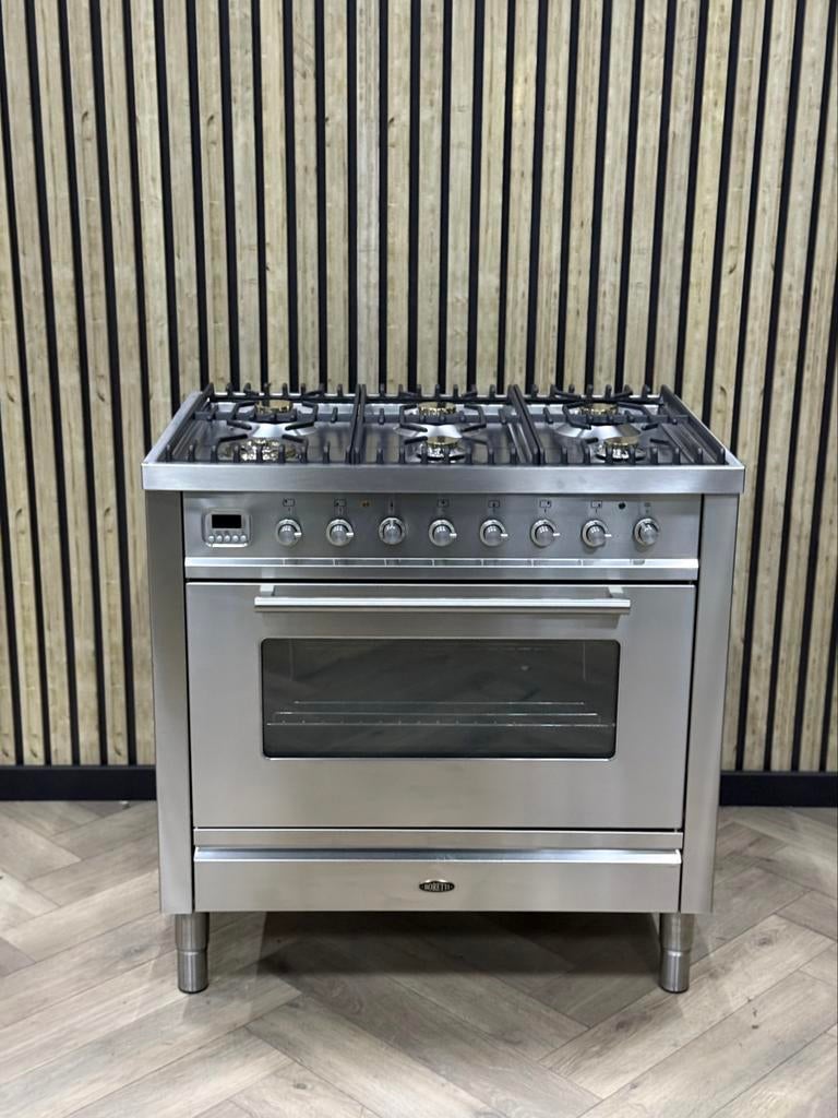 Boretti Inox 90cm Gas 6 pits + Multifunctionele Oven, Warmhoudplaat, 60 cm of meer, Ophalen of Verzenden, Zo goed als nieuw
