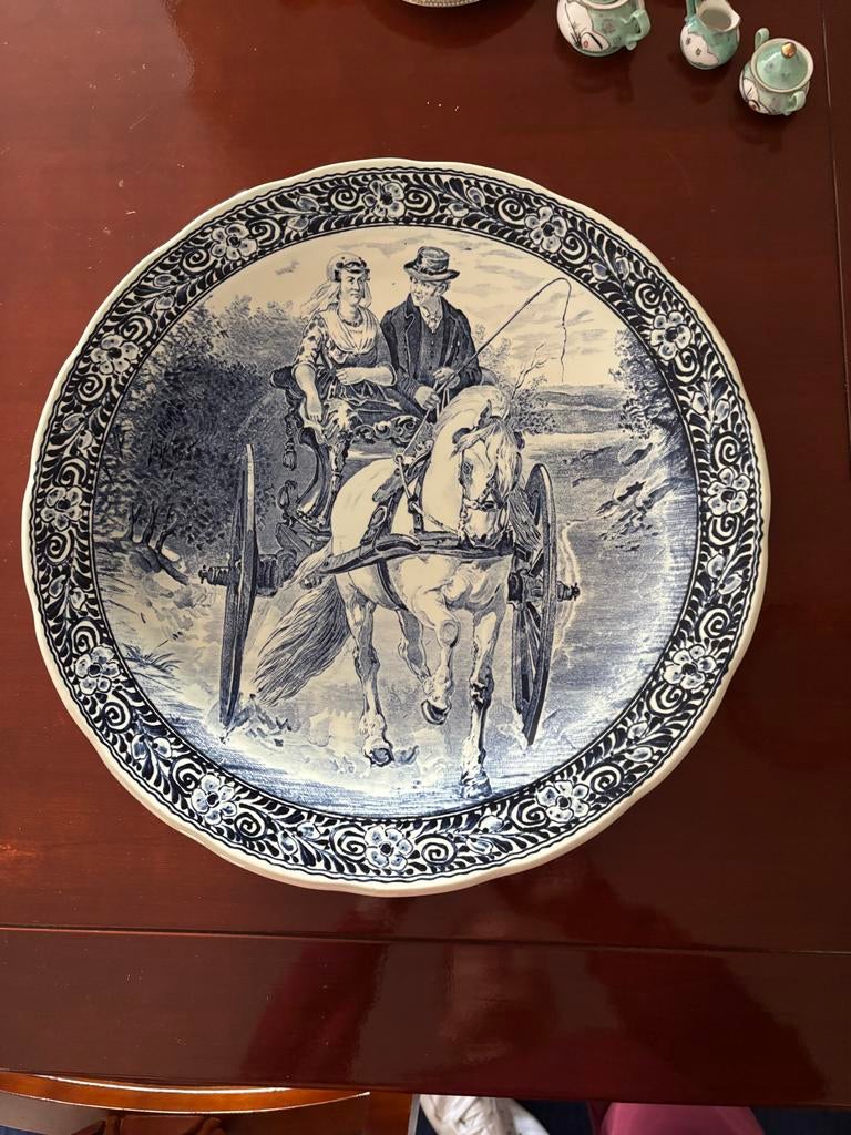 Antiek Boch Delfts Blauw Wandbord - Koets met Paard, Ophalen