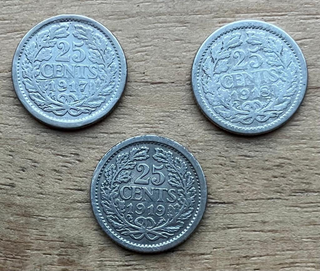 25 cent 1917, 1918 en 1919 Wilhelmina, Postzegels en Munten, Munten | Nederland, Ophalen, Zilver, 25 cent, Koningin Wilhelmina