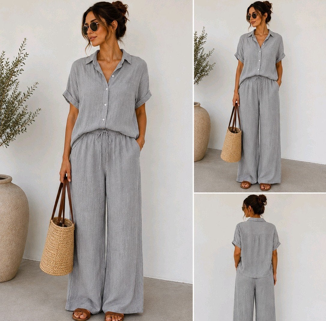 MY JEWELLERY grijze linnenlook set – blouse & wide leg broek, Kostuum of Pak, My Jewellery, Ophalen of Verzenden, Maat 36 (S)