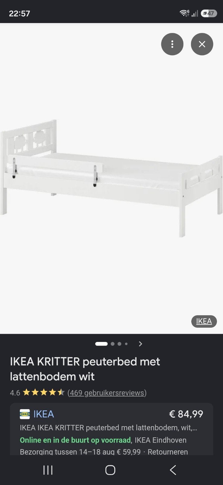 IKEA KRITTER Peuterbed met Lattenbodem Wit, 70 tot 85 cm, 140 tot 160 cm, Zo goed als nieuw, Ophalen