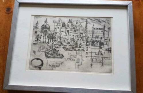 Theo Blom Ets Amsterdam zicht vanaf het IJ Scheen, Antiek en Kunst, Ophalen