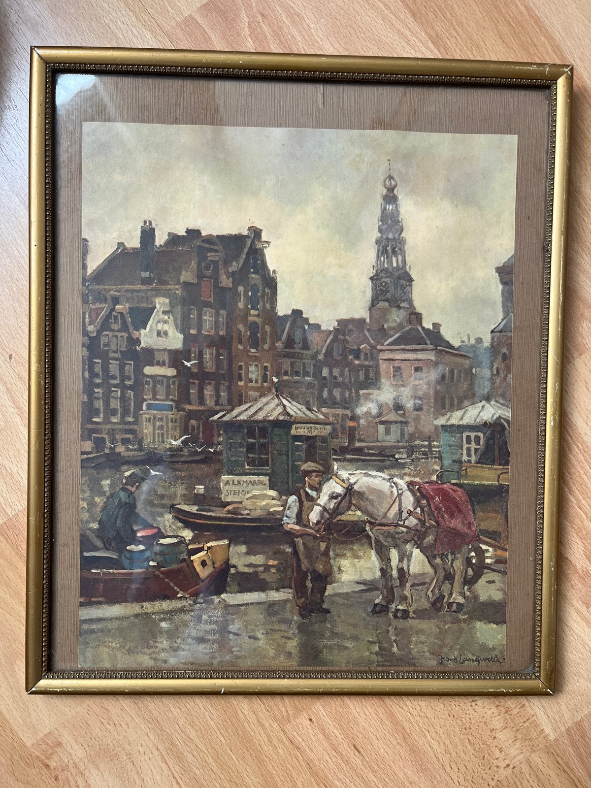 Amsterdam, Stadsgezicht met paard en wagen, Ophalen of Verzenden, Tekening, Klassiek, Ingelijst