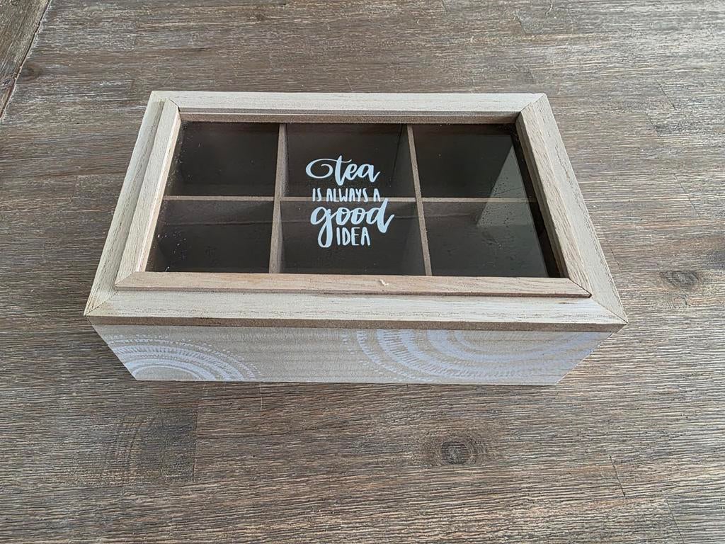 Houten theedoos met 6 vakjes. 15,5 x 23 x 7,5cm., Ophalen of Verzenden
