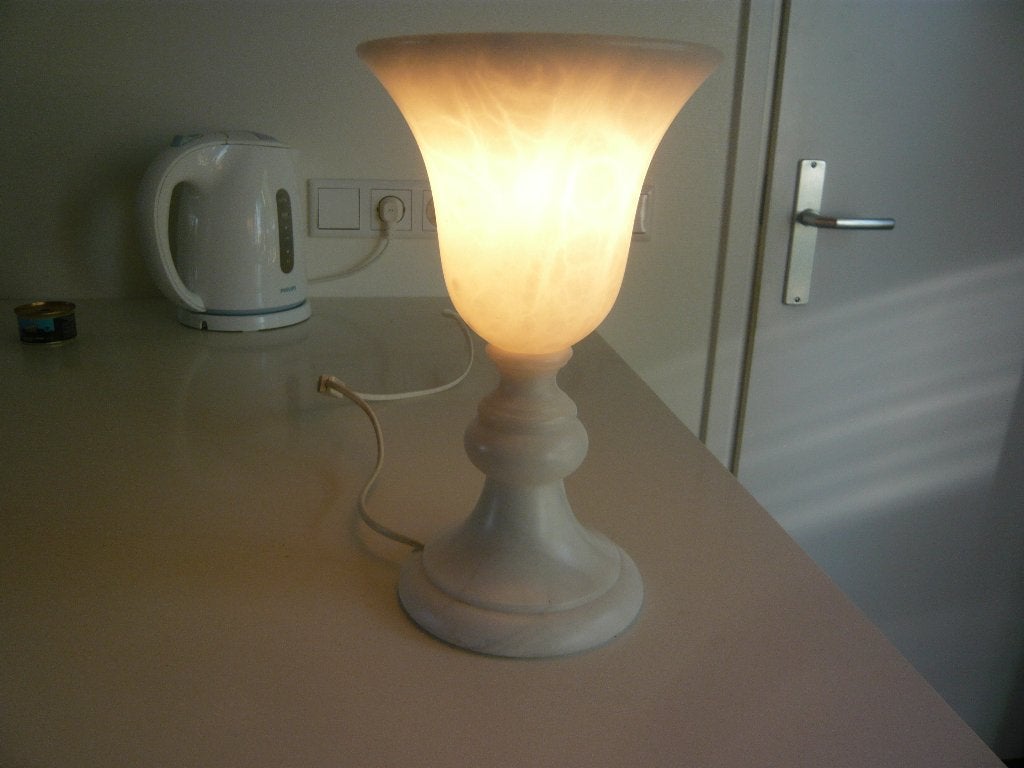 Tafellamp albast wit, Vintage, Met schakelaar, Natuurlijk materiaal, E14 (klein)