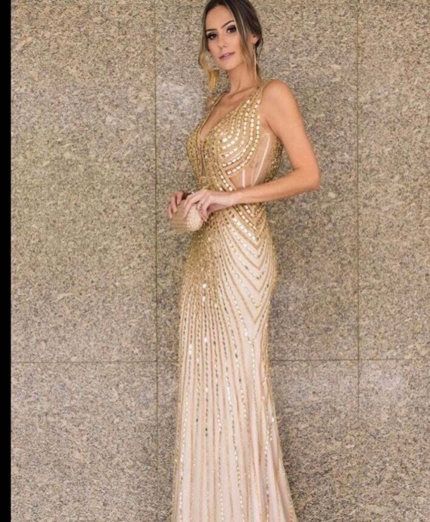 Elegante Braziliaanse Avondjurk - Goud/Champagne Maat M, Overige kleuren, Zo goed als nieuw, Onder de knie, Ophalen