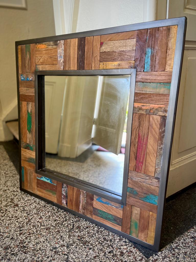 Grote handgemaakte houten Maisons de Monde spiegel, Huis en Inrichting, Woonaccessoires | Spiegels, Ophalen, Vierkant, Zo goed als nieuw