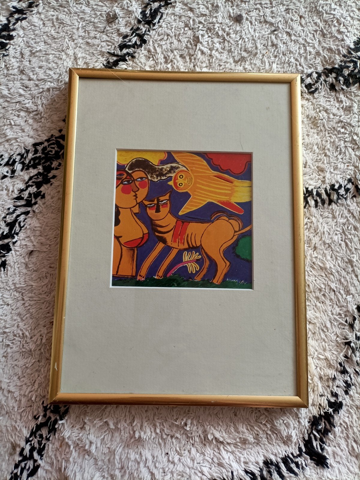Ingelijste kunstprint: Vrouw, kat en vogel, Ophalen