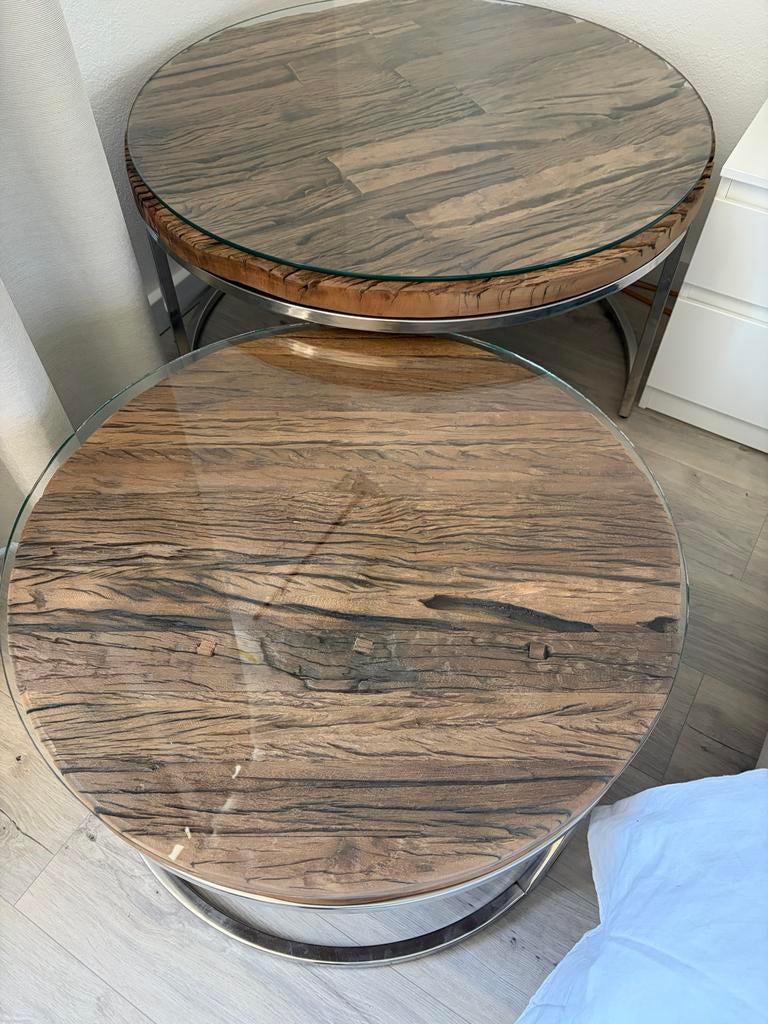 Set van 2 ronde salontafels met hout en glas, Huis en Inrichting, Tafels | Salontafels, Ophalen, 50 tot 100 cm, Rond, 50 tot 100 cm