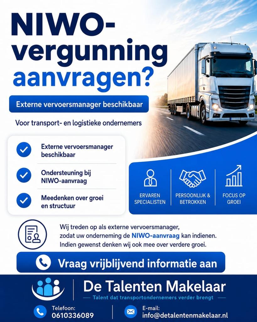 Externe vervoersmanager - NIWO vergunning, Vacatures, Vacatures | Logistiek, Inkoop en Transport, Overige uren, HBO, Vanaf 3 jaar