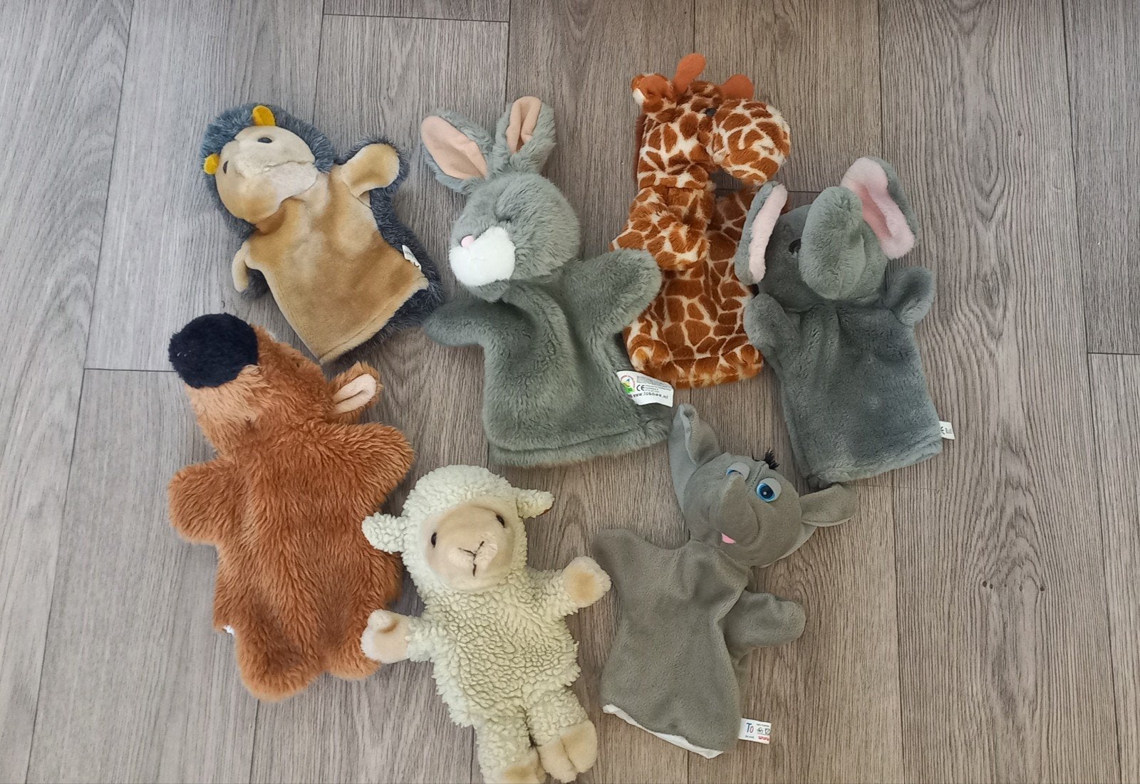 Set van 7 handpoppen: boerderij- en safaridieren, Gebruikt, Giraf, Ophalen of Verzenden, Middelgroot (20 tot 80 cm)