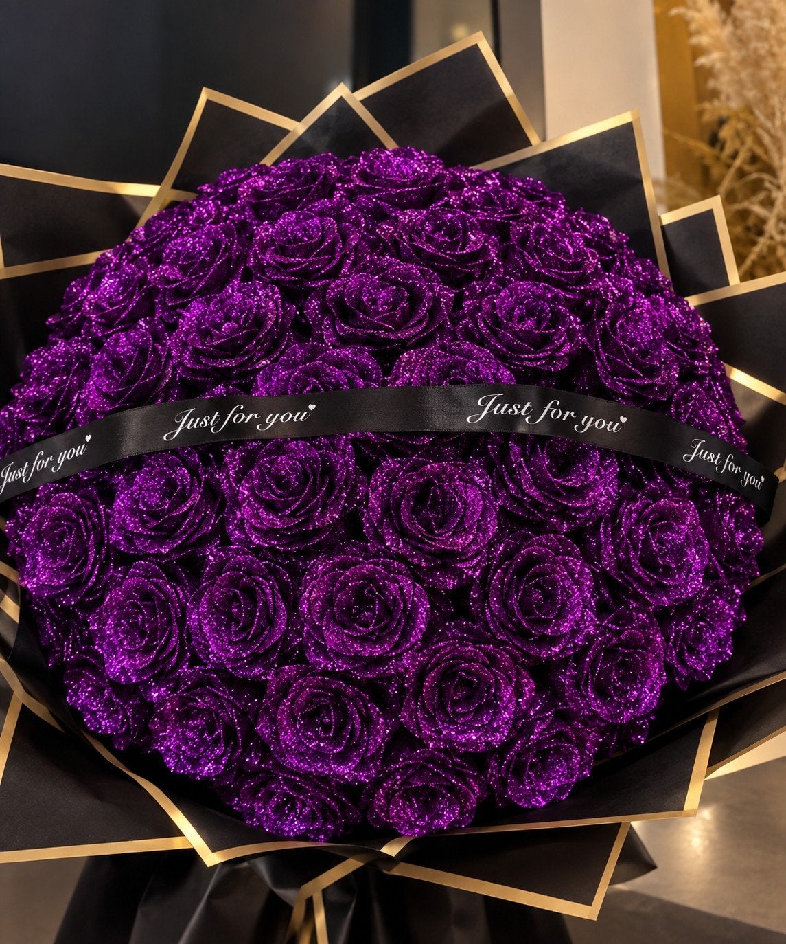 Paarse 50 Glitter Rozen Boeket - Luxe Cadeau, Tuin en Terras, Planten | Tuinplanten, Ophalen of Verzenden