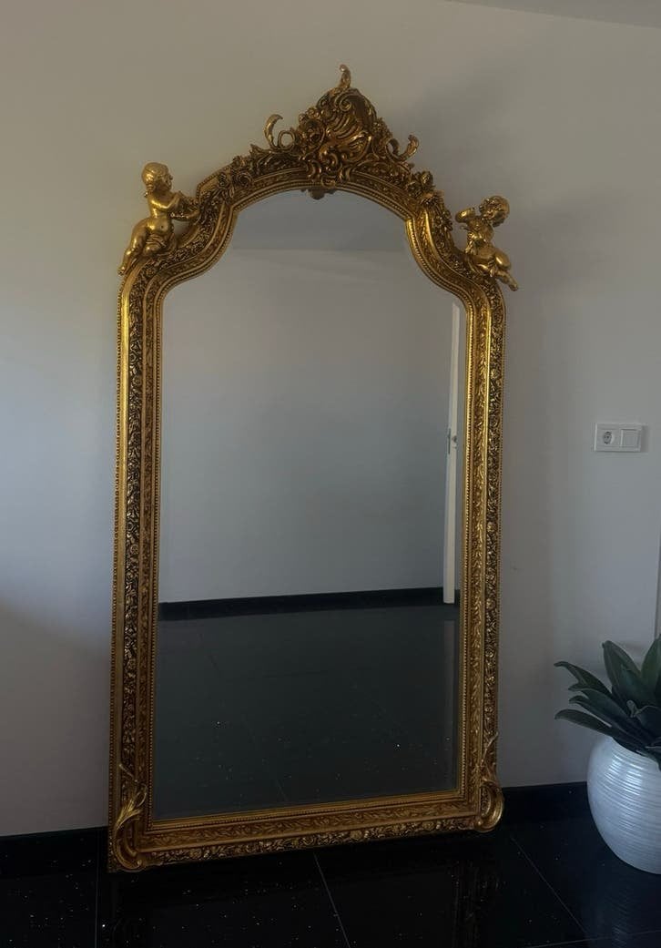 Grote Barok Spiegel met Engeltjes - Goudkleurig, Ophalen, Overige vormen, 200 cm of meer