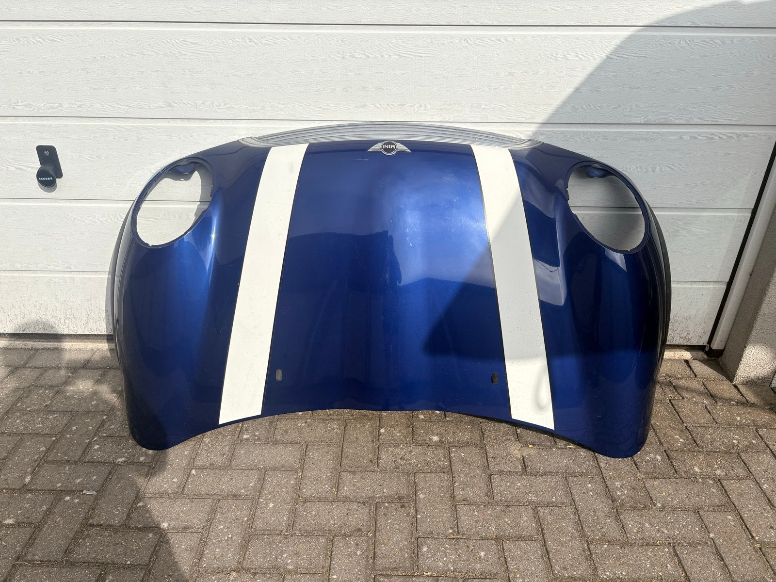 Mini Cooper Motorkap R50 R52 R53 Blauw met Witte Strepen, Gebruikt, Voor, Ophalen of Verzenden, Mini