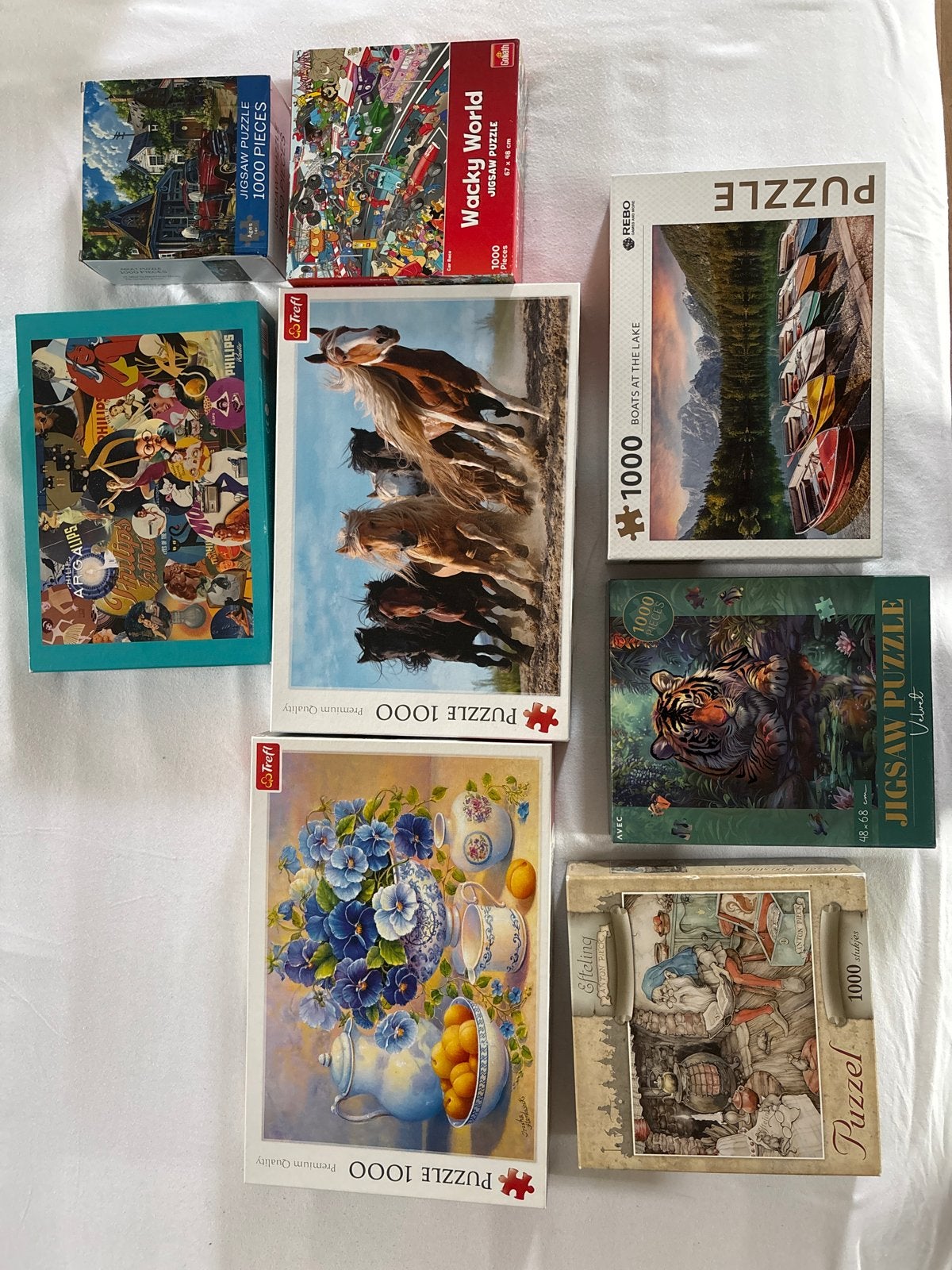 8 complete 1000-stukjes puzzels: Efteling, paarden, tijger,, Ophalen of Verzenden, 500 t/m 1500 stukjes, Zo goed als nieuw, Legpuzzel
