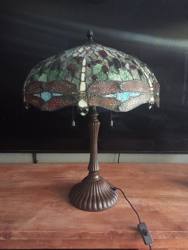 Prachtige speciaal glas in lood Tiffany libelle 66 x  50, Ophalen, Glas, Met schakelaar