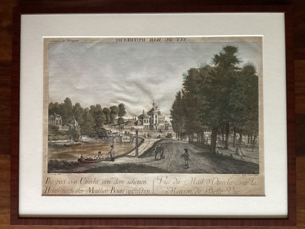 Ingekleurde  kopergravure," de Maillien-route in Utrecht ", Ophalen of Verzenden, Stadsgezicht, Gravure, 1700 - 1799