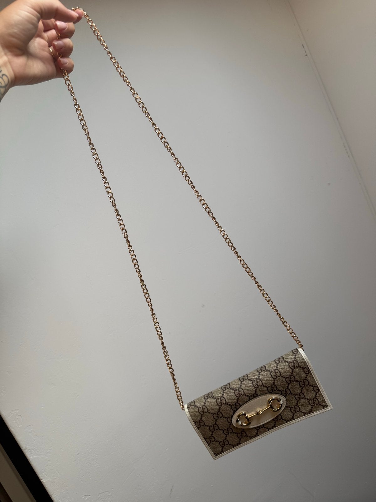 Gucci Horsebit portemonnee op ketting, Ophalen of Verzenden, Zo goed als nieuw, Bruin, Schoudertasje