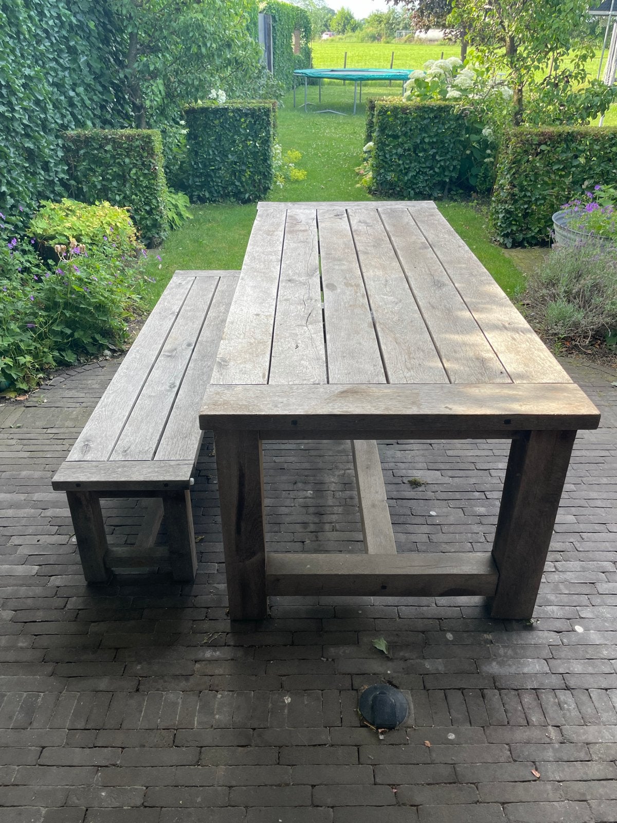 Eiken tuintafel met bank, Ophalen, Gebruikt, Hardhout, 8 zitplaatsen