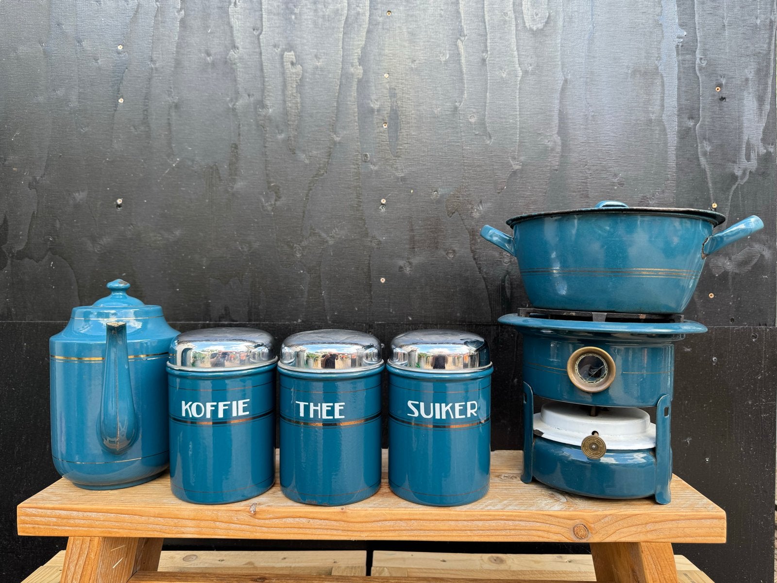 Vintage Emaille Petroleumstel met Potten - Petrol Blauw, Ophalen