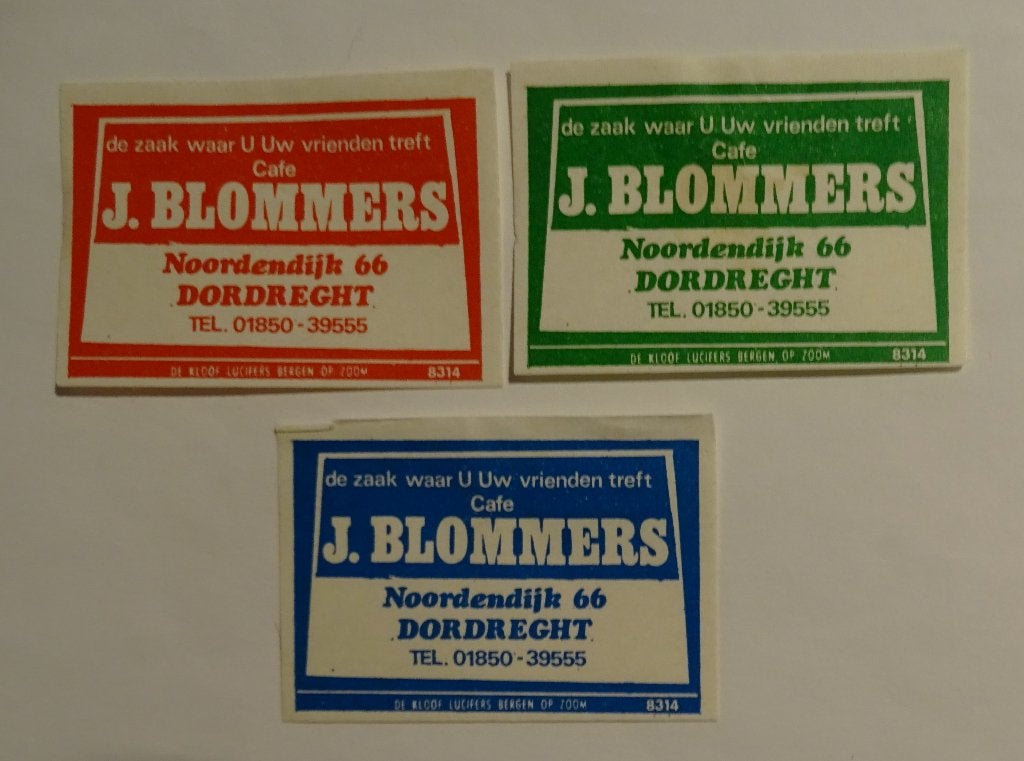 Café   J. BLOMMERS     Noordendijk     DORDRECHT, Verzamelen, Verzenden, Gebruikt, Luciferdoosjes of -merken