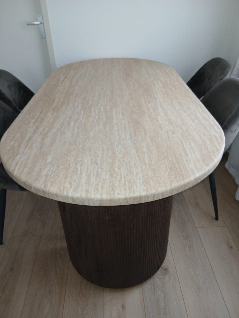 Nieuwe eettafel travertin look. Sintered stone. Japandi., Huis en Inrichting, Tafels | Eettafels, Ophalen, Nieuw, 50 tot 100 cm