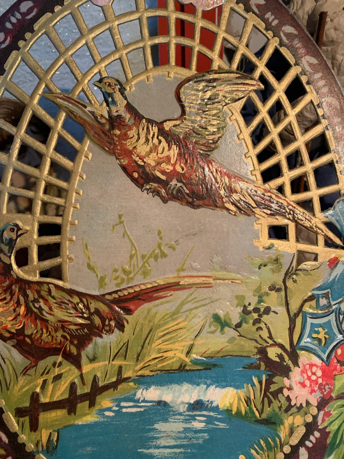 Vintage decoratief paneel met fazanten en landschap, Ophalen of Verzenden