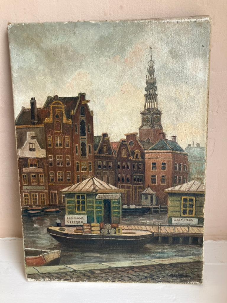 Handgeschilderd fictief aanblik Amsterdam, Antiek en Kunst, Ophalen