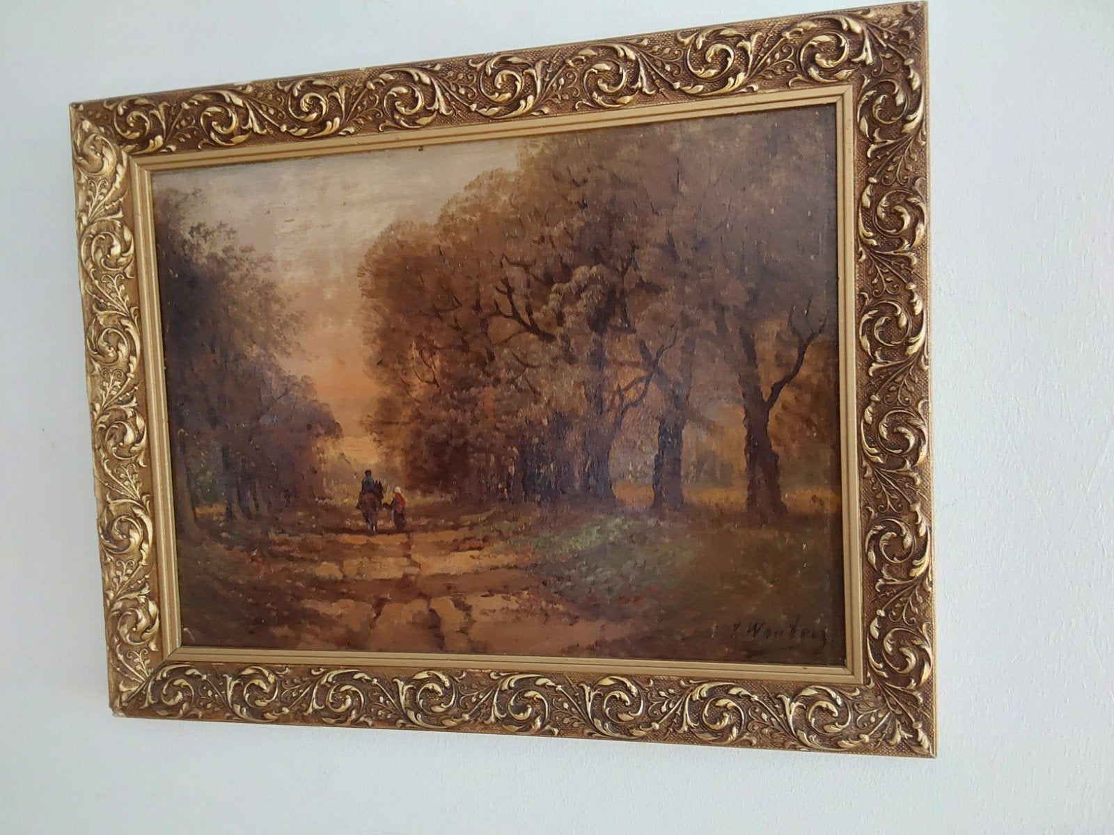Antiek schilderij met boslandschap en figuren, Antiek en Kunst, Kunst | Schilderijen | Klassiek, Ophalen of Verzenden